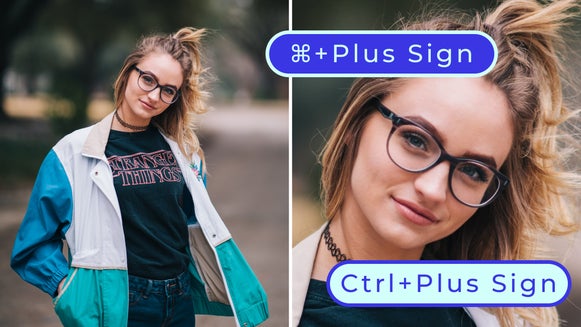Woman’s photo shown before and after using BeFunky photo editing shortcut to zoom and enhance