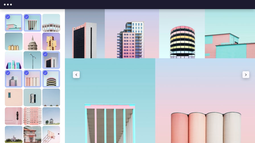 Collage wizard ui selecting pastel architecture photos with tall buildings and minimal design