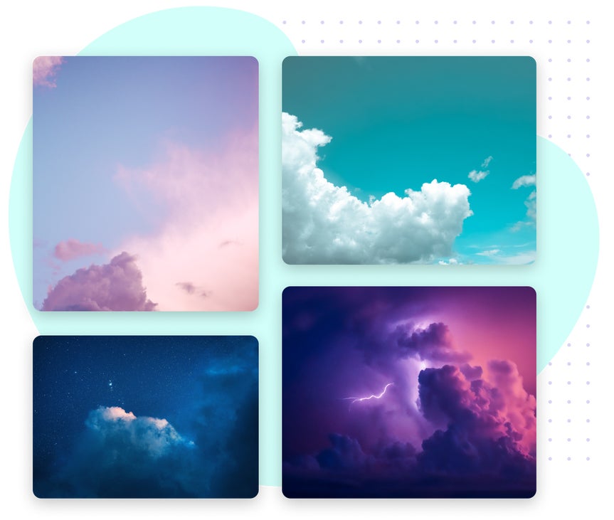 Four sky replacer options showing dreamy pink, lightning storm, daytime blue, and starry skies