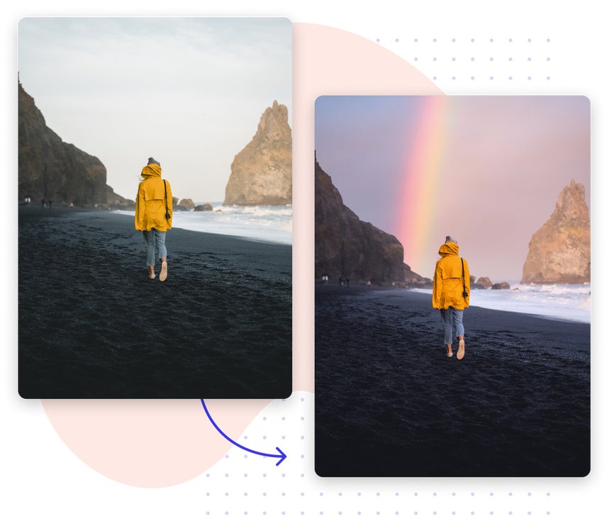 Coastal photo updated with colorful rainbow sky using AI sky replacer tool