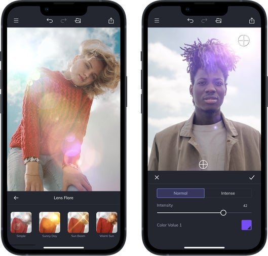 Lens flare effect shown on two portraits in BeFunky’s mobile photo editor