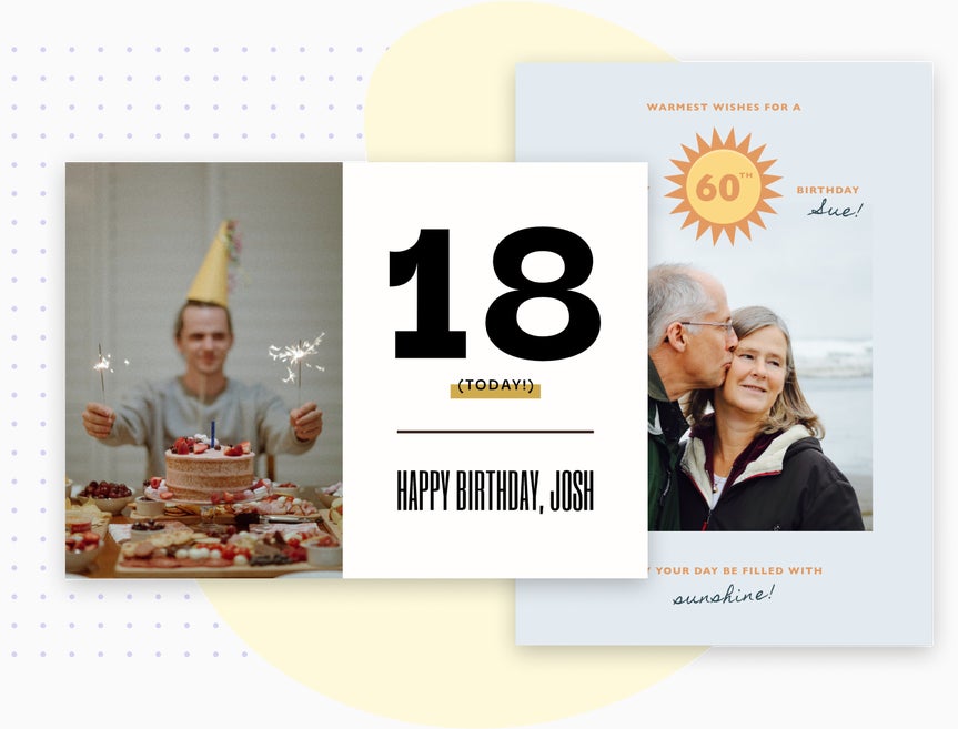 Birthday card designs for 18th and 60th milestones with family celebration photos