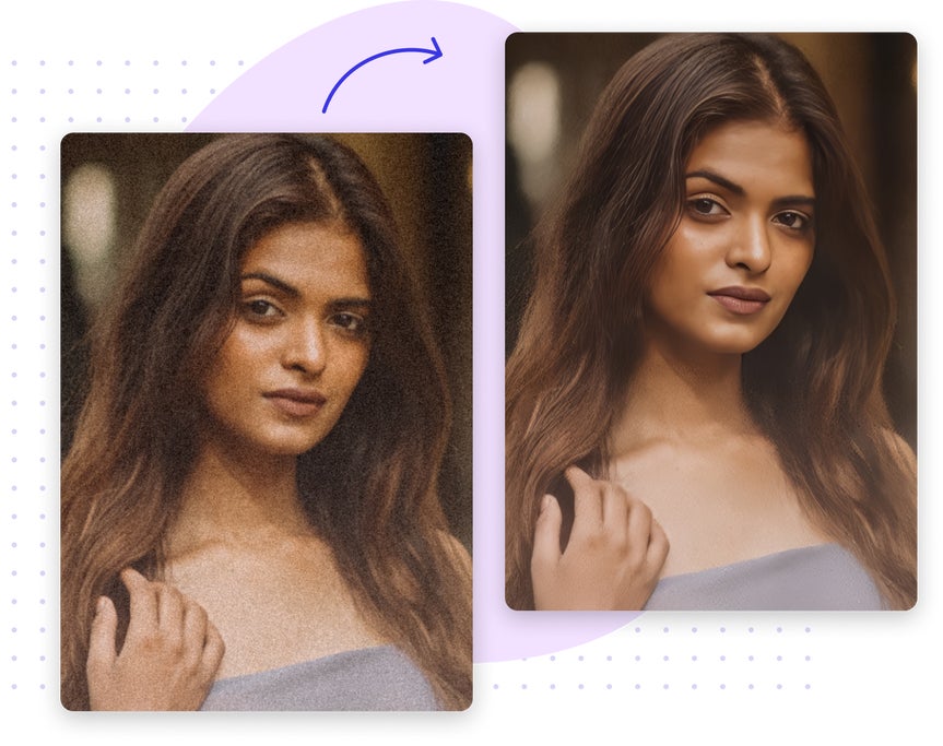 Woman’s portrait before and after denoise tool enhances clarity and smooths noise