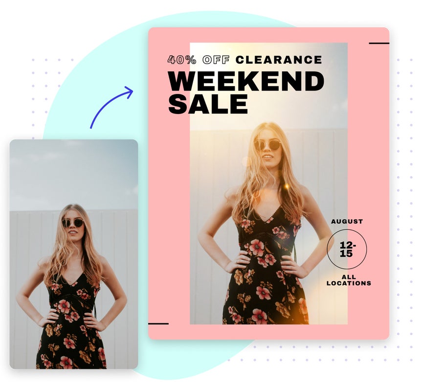 Fashion sale ad with a woman in sunglasses and lens flare highlighting the layout