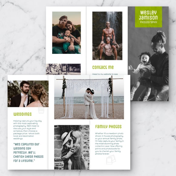 Photography portfolio made in brochure maker with family and wedding shoot examples