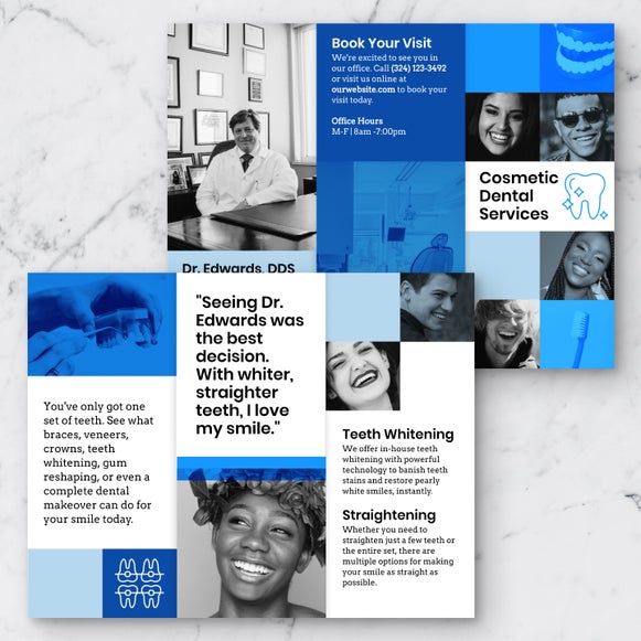 Dental office brochure created using brochure maker with bold blocks and clean type