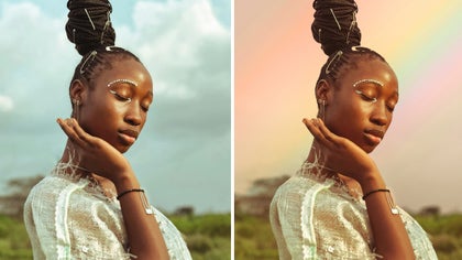 Outdoor portrait with original sky replaced by warm-toned rainbow using sky replacer