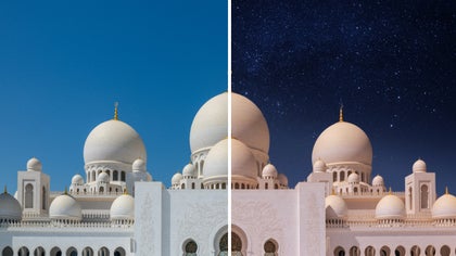 Majestic mosque under bright blue sky transformed to starlit scene with replace sky tool