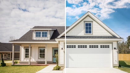 Side-by-side photo of a house with a dull sky on the left and a bright blue sky on the right using sky replacer