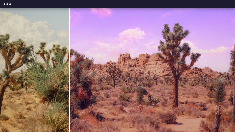 Desert landscape enhanced with dreamy pink sky using sky replacer for creative photo editing