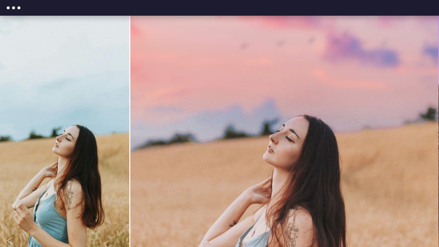 Woman in wheat field with dull sky replaced by colorful sunset using AI sky replacer