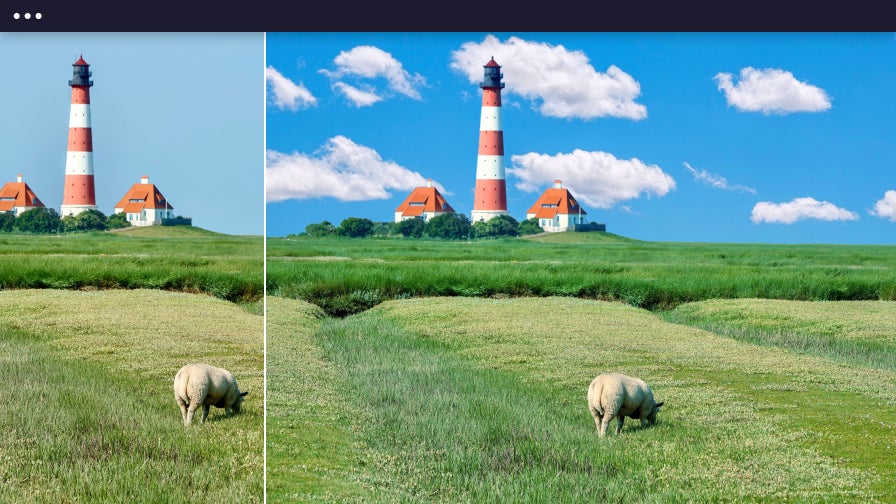 Lighthouse photo with basic sky swapped for bright clouds using sky replacer for vibrant look