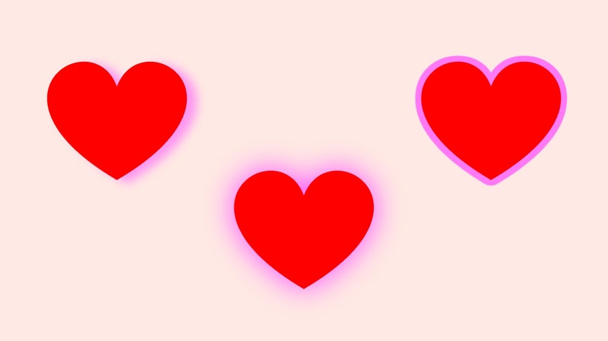 Three red heart icons with soft pink glow illustrating outline and glow shadow effects