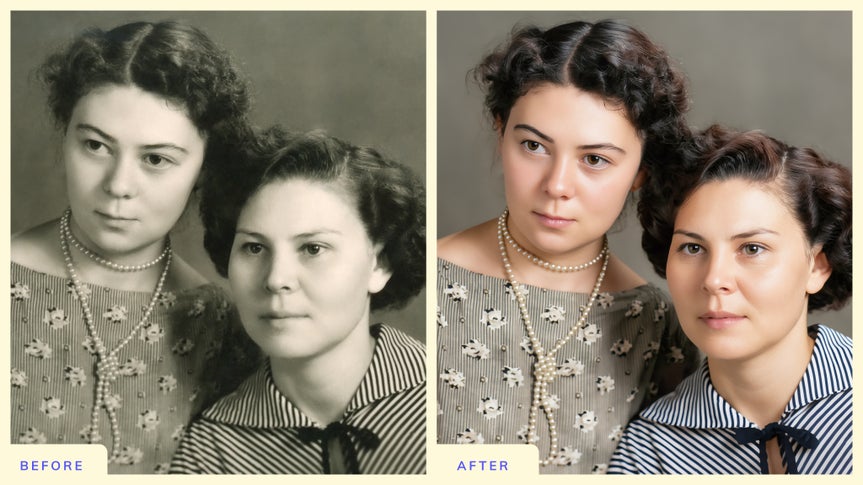 Before and after restored portrait showing AI photo restoration with enhanced color and detail