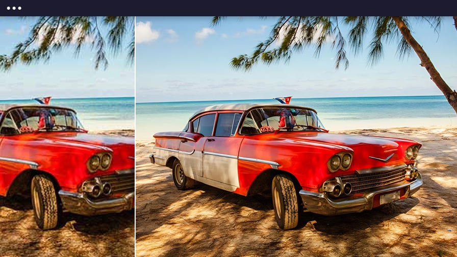 Vintage red car upscaled to restore crisp edges and vibrant color on tropical shoreline