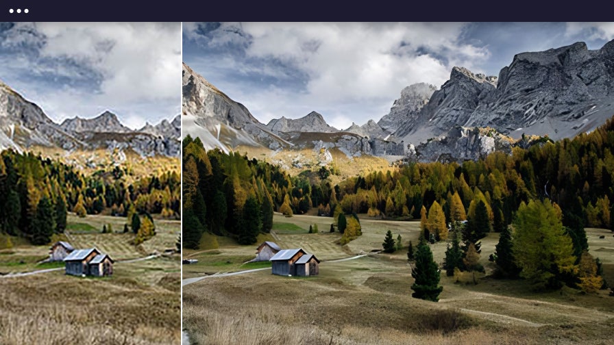 Side-by-side comparison of mountain scene before and after AI upscale improves sharpness