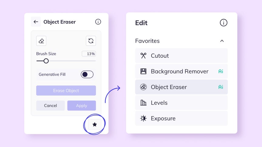 Editing panel showing favorite tools like object eraser and background remover in workspace