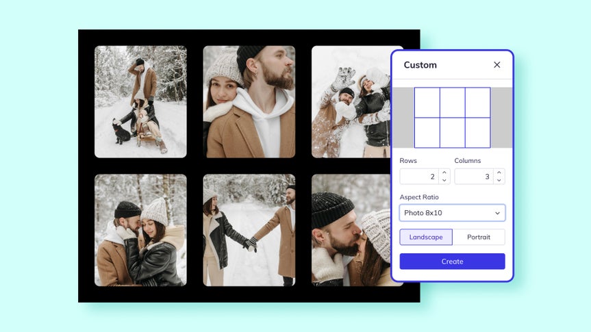 Grid of six photos with panel to adjust rows and columns for a custom collage layout