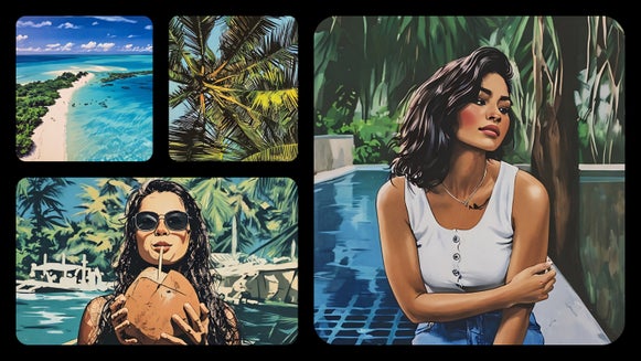 Travel photo collage using collage wizard with tropical scenes and portrait in vintage comic style