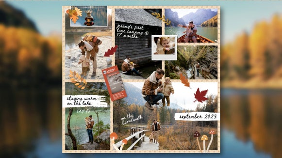 amping scrapbook collage wizard layout showing family with child by lake, boardwalk, and canoe