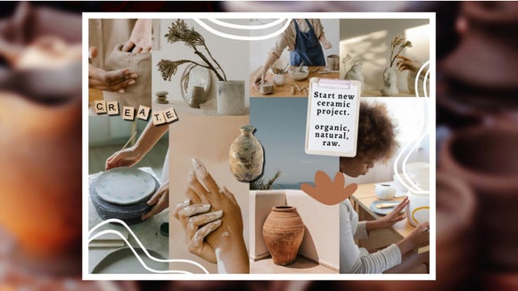 Collage wizard vision board with hands making pottery, ceramic vases, and text about ceramic projects