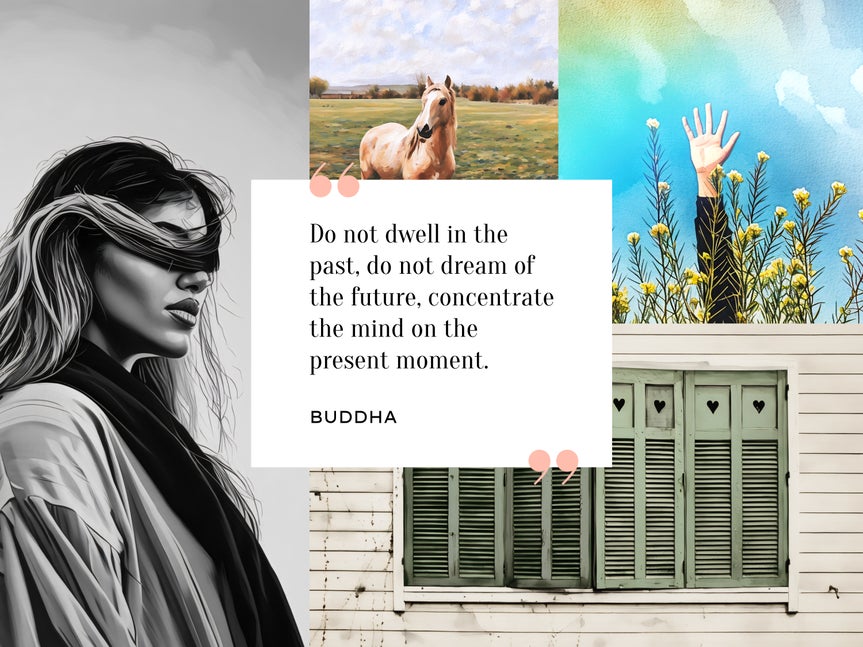 Collage wizard after edit with artistic effects: stylized woman, painted horse, vibrant hand in flowers, and mint shutters
