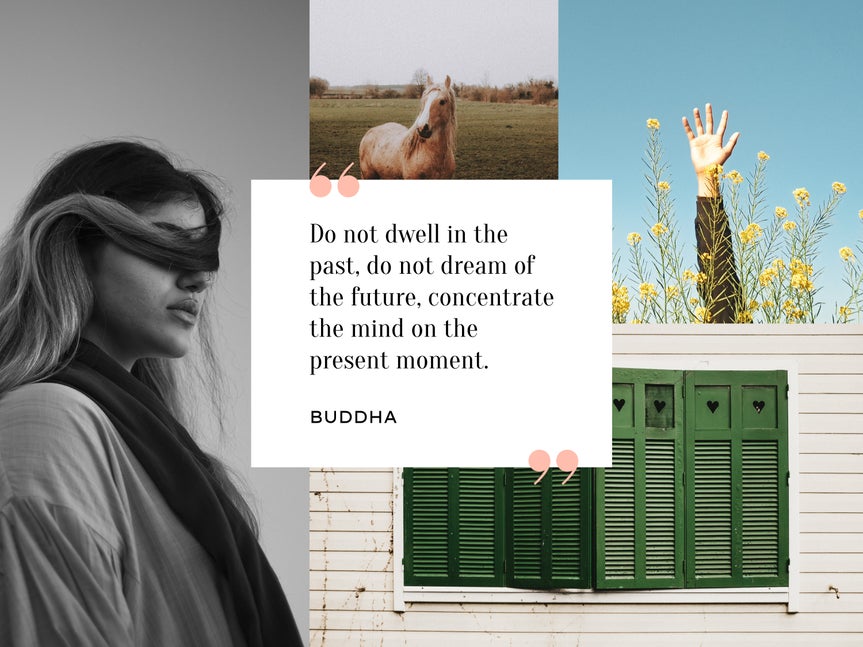 Collage wizard before edit with original photos: woman in grayscale, horse, raised hand in flowers, and green shutters