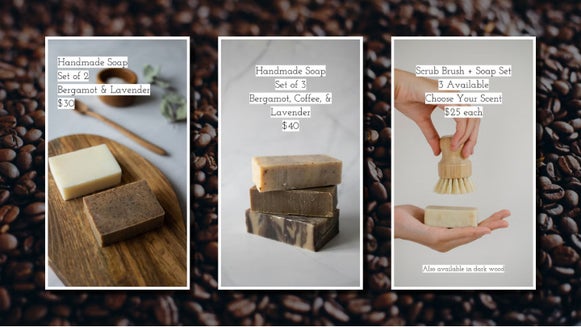 Instagram story templates showcasing soap and skincare product sales with text overlays


