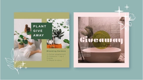 Instagram giveaway post templates with plants and calming color palettes