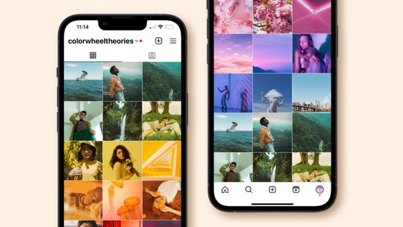 Instagram grid layout examples shown on mobile screens with colorful themed feeds