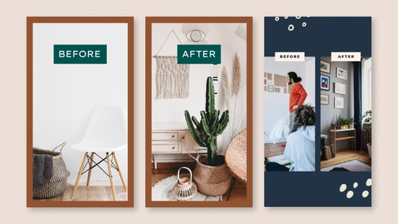 Instagram before and after reel templates comparing interior design transformations
