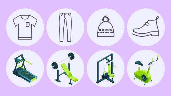 Instagram highlight cover designs featuring fashion and fitness icons on a purple background