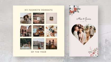 Instagram templates for sharing favorite photo moments of the year and a floral wedding collage with heart cutout