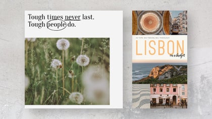 Instagram templates featuring a motivational quote with dandelions and Lisbon travel tips with scenic images