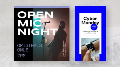 Instagram templates promoting open mic night and a Cyber Monday sale with bold typography and product photo