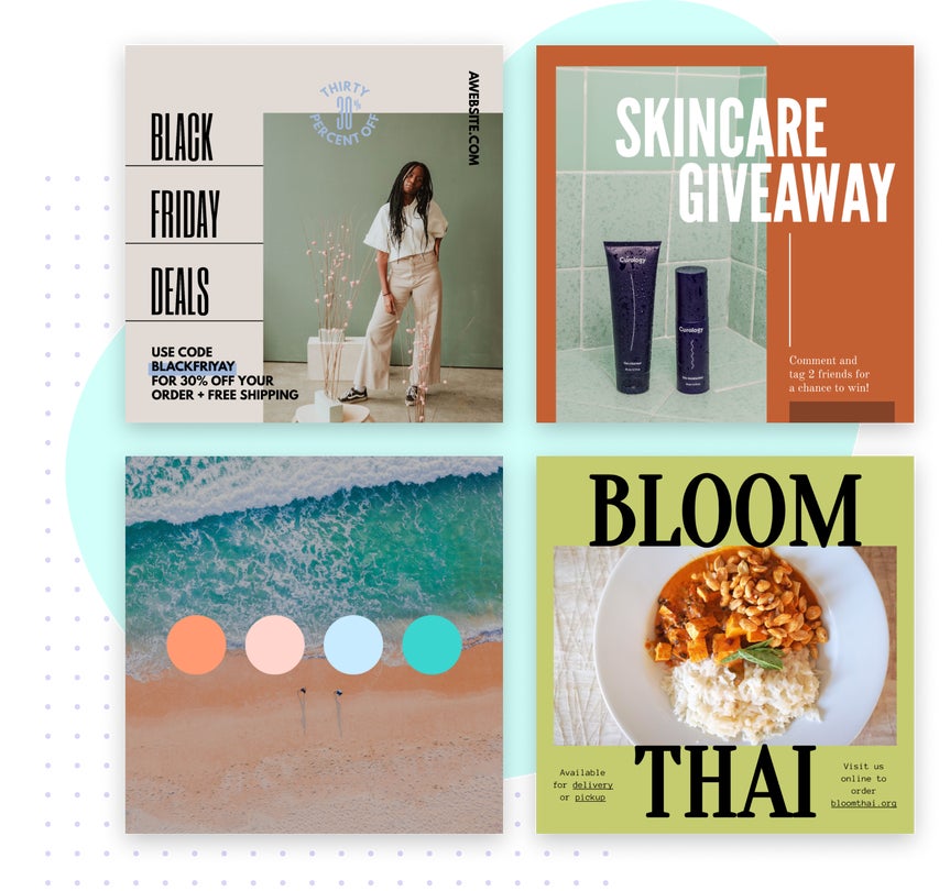 Instagram post templates for Black Friday sale, skincare giveaway, tropical beach aesthetic, and Thai food promotion