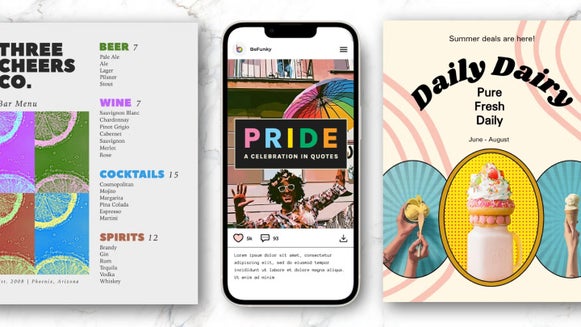 Pop art elements used in branding materials like menus, posters, and digital ads