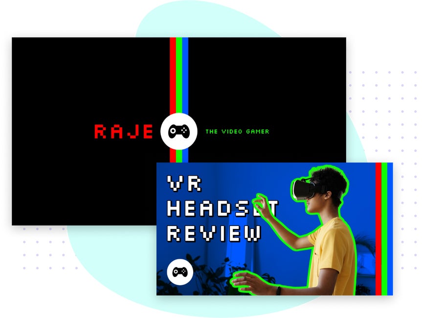 VR headset review YouTube thumbnail with retro gamer design and neon-outlined player in headset