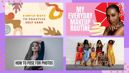 Lifestyle YouTube thumbnail set for self-care, makeup, posing tips, and colorful outfit ideas