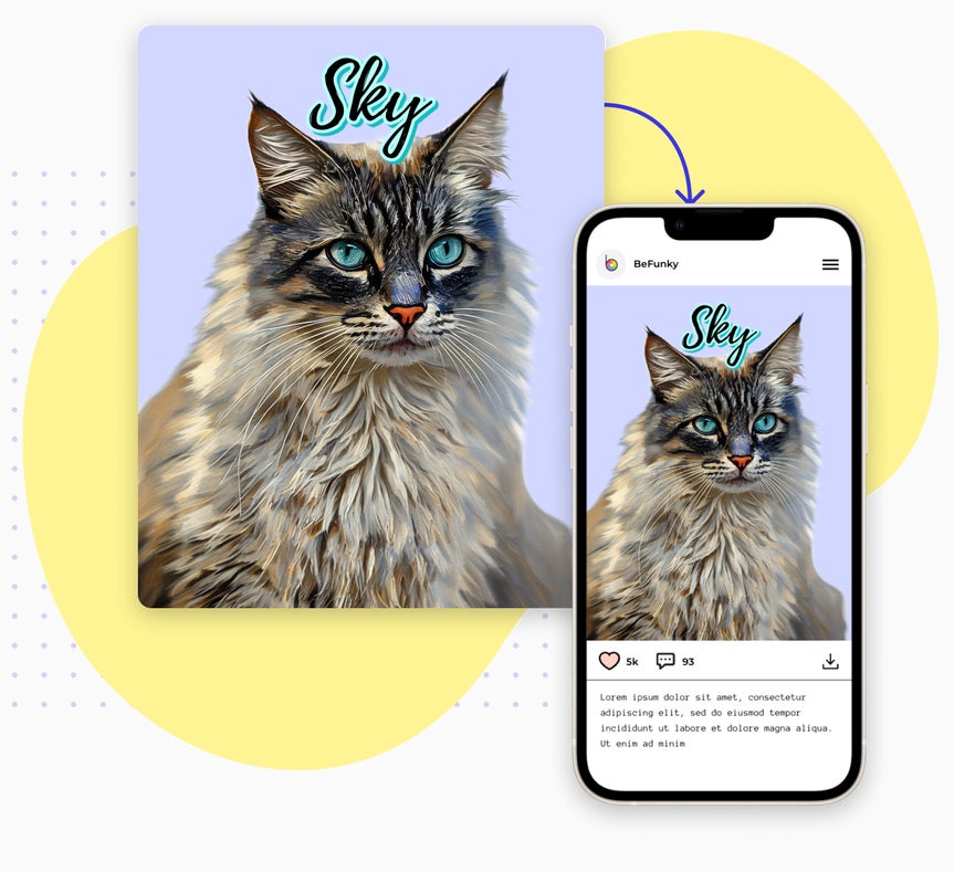 Painted pet portrait of a fluffy cat shared as a social media post on a mobile screen