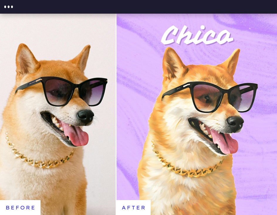 Before and after pet portrait of a Shiba Inu transformed into a painted illustration