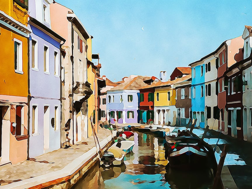 Artsy Watercolor DLX effect applied to colorful canal scene with enhanced brightness and contrast