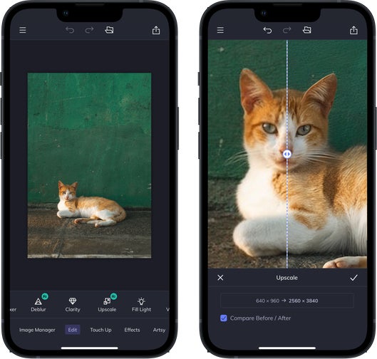 Mobile app using AI upscale to sharpen cat photo, showing before and after image quality boost