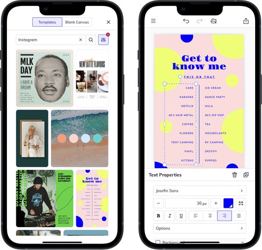 Mobile app view of Instagram templates by BeFunky for stories, giveaways, and engagement posts