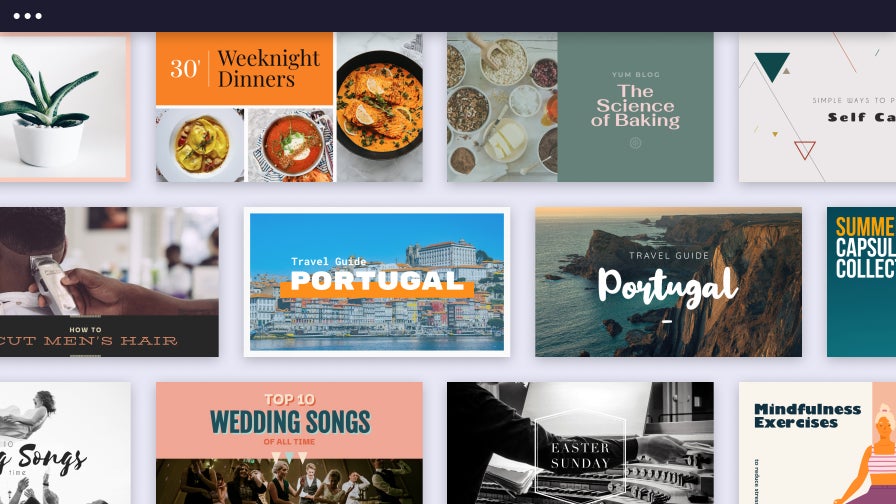 YouTube thumbnail template gallery with travel, food, music, and wellness content