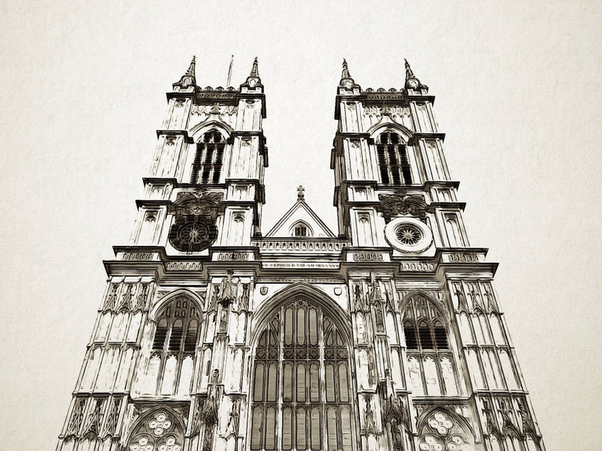 Gothic cathedral transformed into detailed line art using ink wash dlx