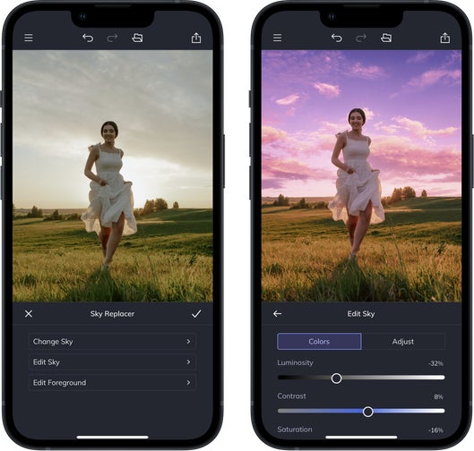 Mobile interface showing sky replacer transforming cloudy sky to vibrant sunset behind woman running