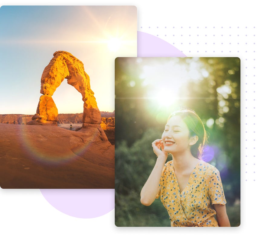 Smiling woman and desert arch image collage enhanced with lens flare