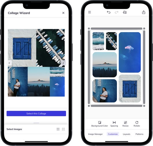 Collage wizard mobile interface showing collage preview and layout options with blue-toned photos
