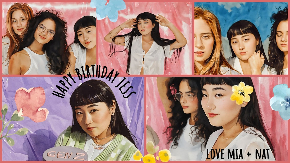 Colorful birthday collage featuring six women with text 
